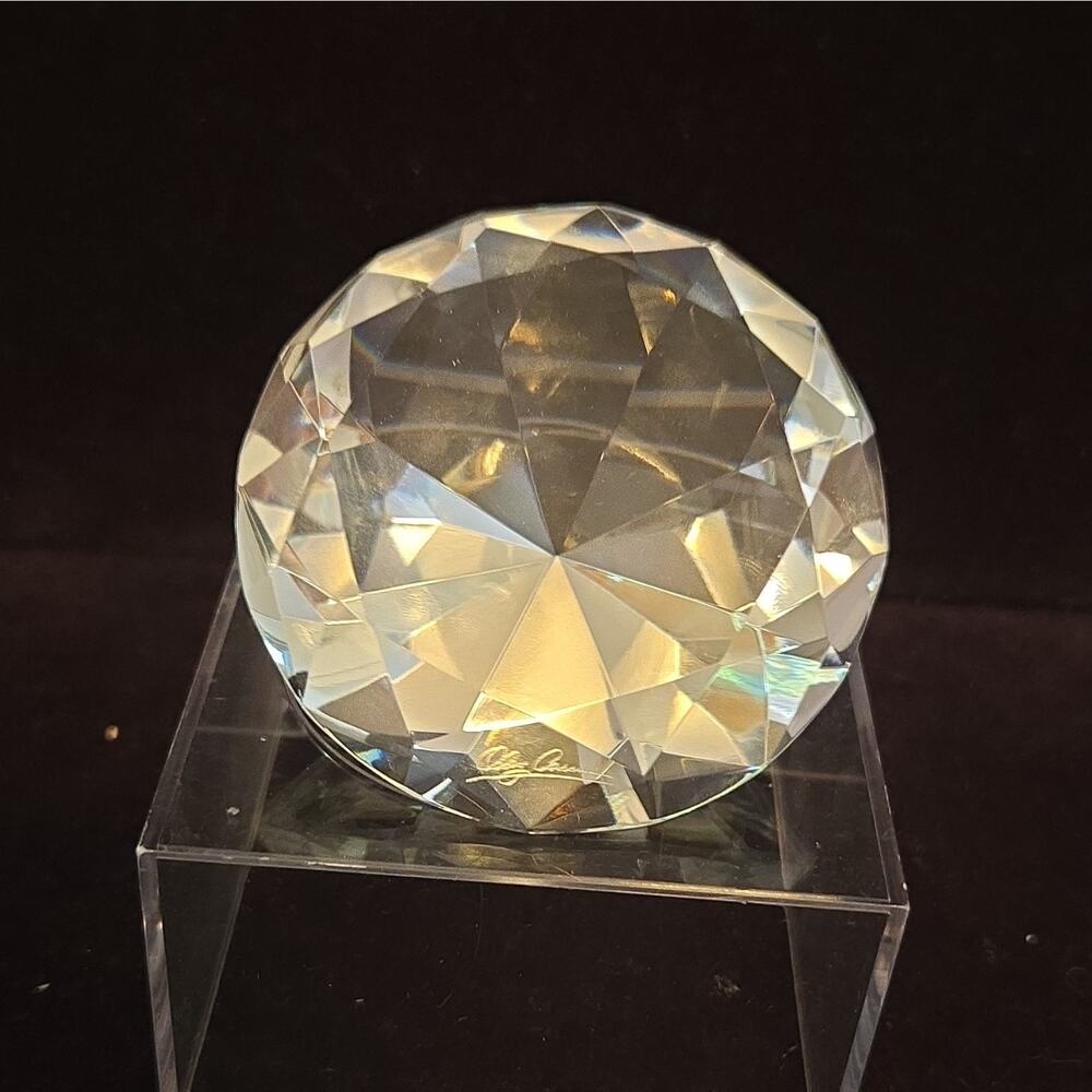 Signed Oleg Cassini Faceted Clear Crystal Paperweight Desk Decor